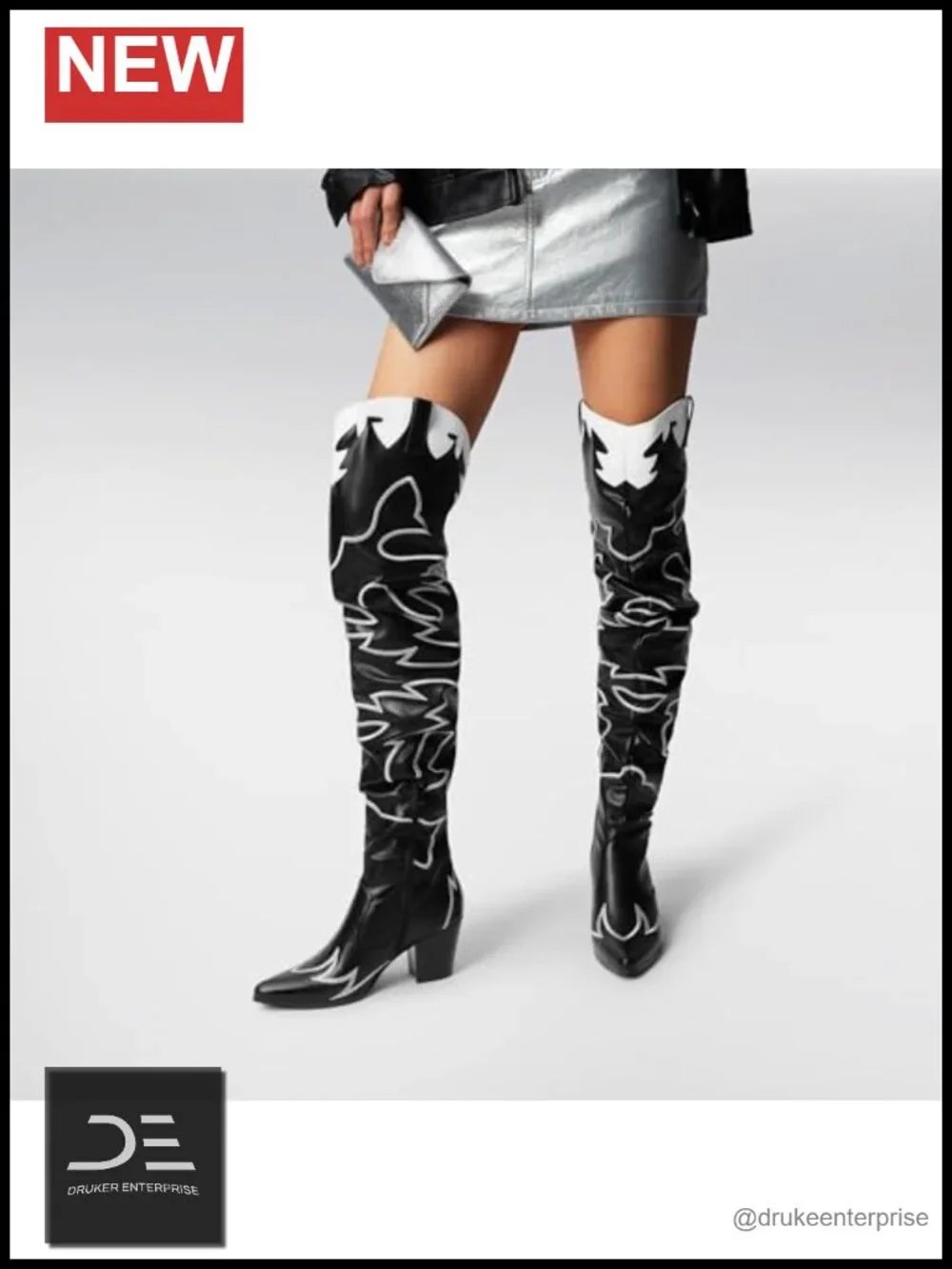 Faux Leather Over The Knee Cowgirl Boots Slouchy Chunky Heel Embroidery Slip-On
